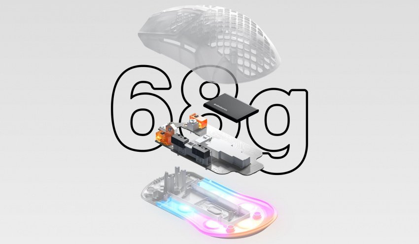 An illustration showing the lightweight components of the Aerox 3 Wireless Ghost mouse. Text reads: 68 Grams.