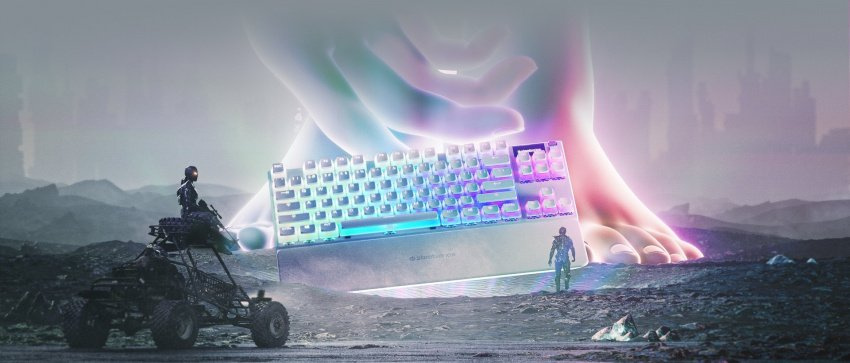 A giant otherworldly being stands before a human, placing an Apex 7 TKL Ghost keyboard before them.