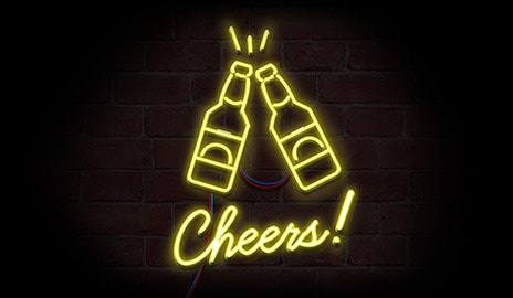 First, 2 bottles are toasting with the word †Cheers!' below.