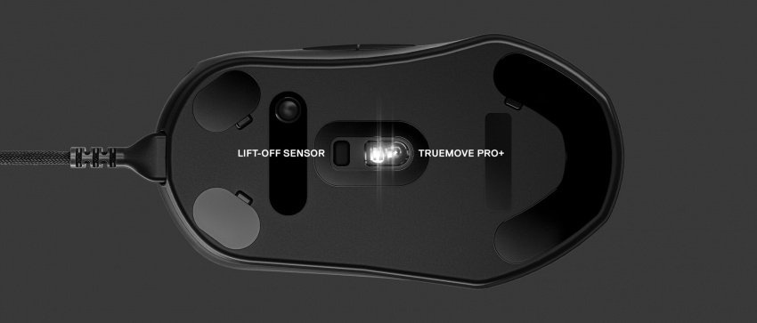 滑鼠底部圖，有兩個標籤   左側文字：懸空感應器，右側文字：TrueMove Pro+。